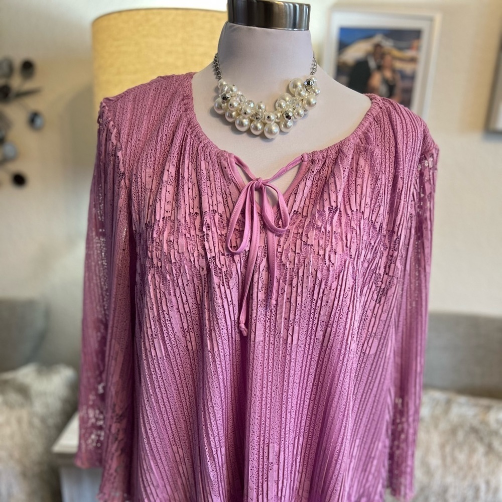 Mauve Pink Lace Tie Neck Blouse Sheer 3/4 Sleeve Dressy Top